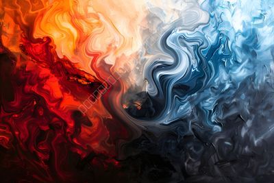 Konflikt der Elemente: Abstrakte Komposition in Rot-Orange und Blau-Grau